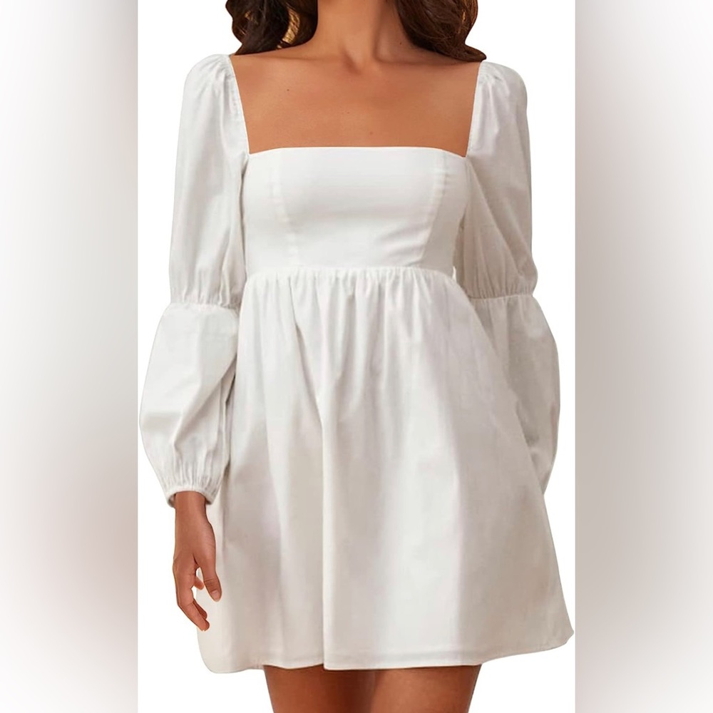 Women’s Long Puff-Sleeve Square Neck Mini Dress in White (M & L)
